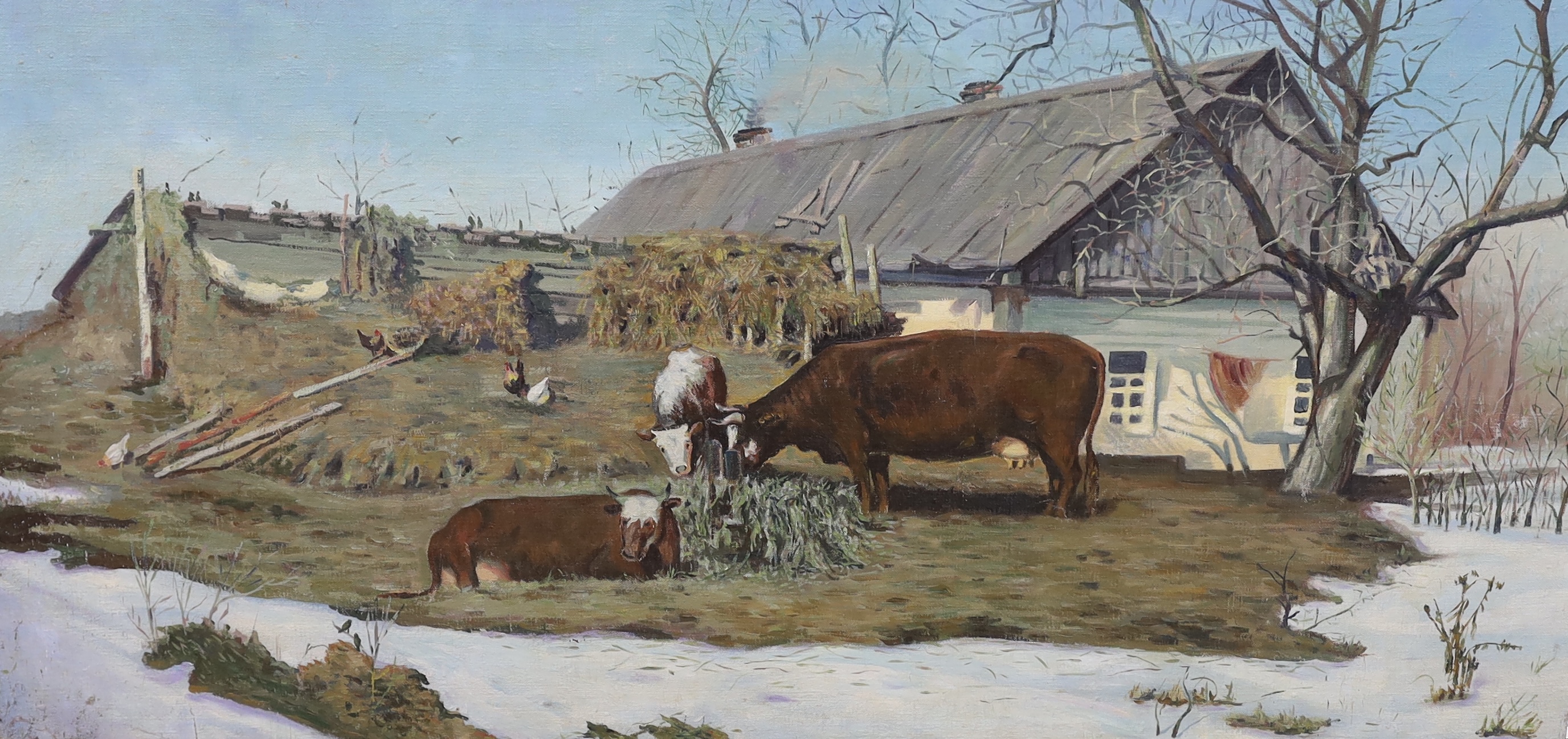 Continental School, oil on canvas, Cattle in a farmyard in winter, 68 x 135cm, unframed. Condition- poor to fair, losses to the paint